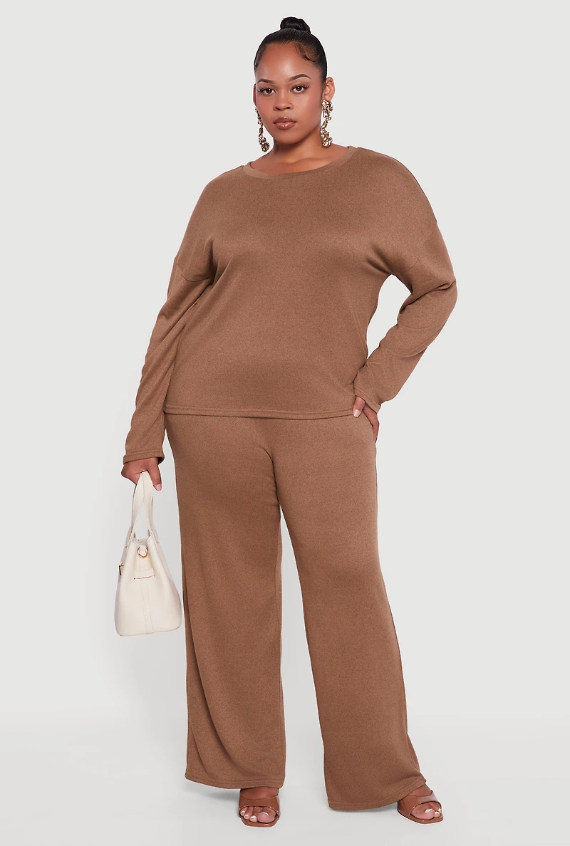 Womens Plus Brushed Knit Pullover Long Sleeve Crew Neck Top,
