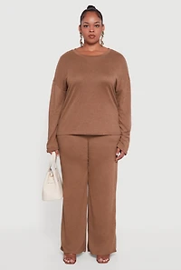 Womens Plus Brushed Knit Pullover Long Sleeve Crew Neck Top,
