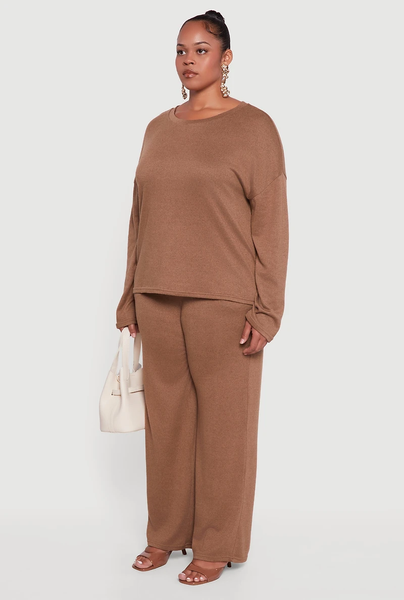 Womens Plus Brushed Knit Pullover Long Sleeve Crew Neck Top,