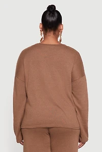 Womens Plus Brushed Knit Pullover Long Sleeve Crew Neck Top,