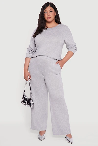 Womens Plus Size High Waisted Brushed Knit Wide Leg Pants, Grey, Size 3X