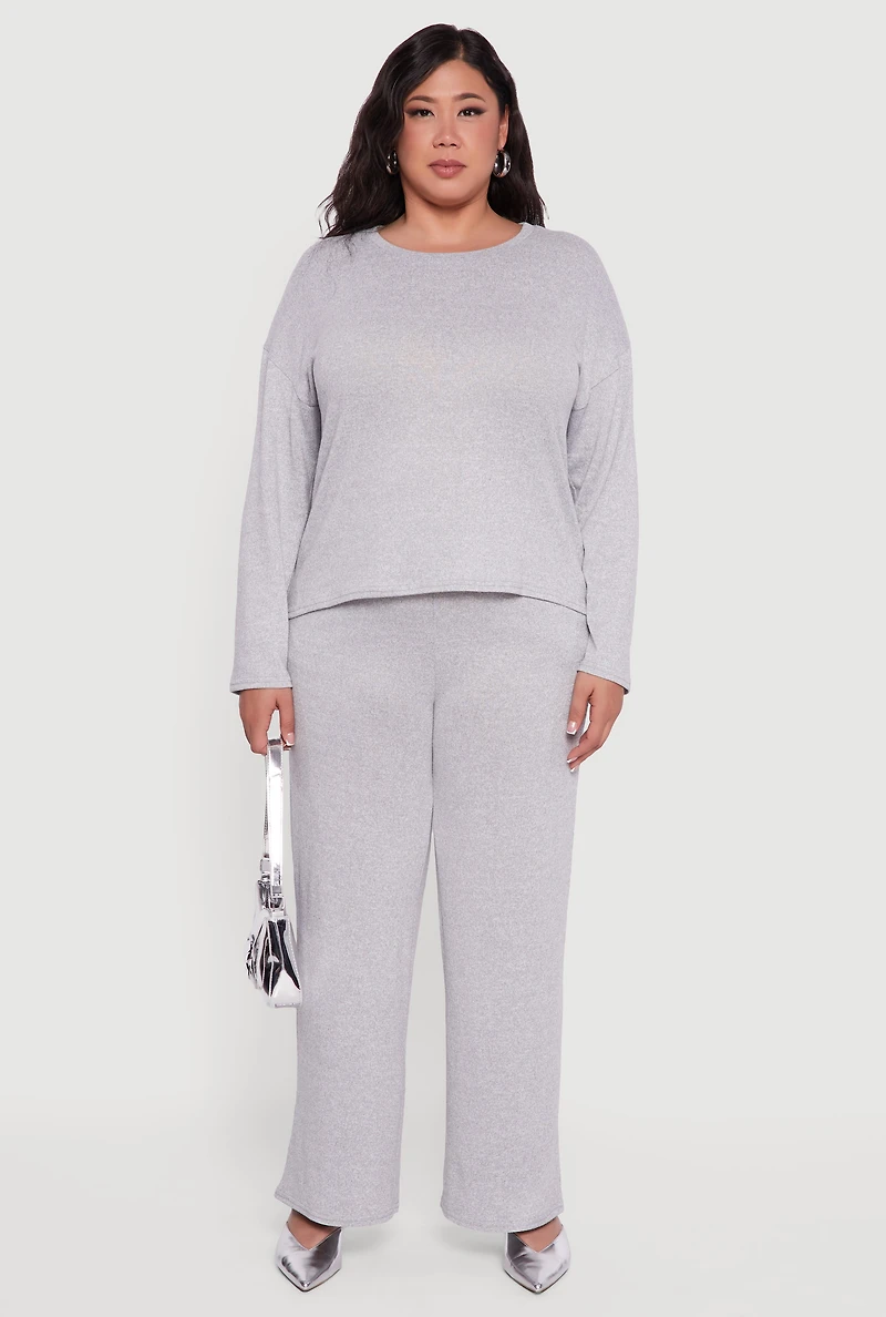Womens Plus Size High Waisted Brushed Knit Wide Leg Pants, Grey, Size 1X
