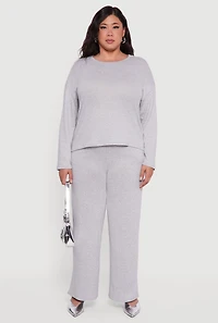 Womens Plus Size High Waisted Brushed Knit Wide Leg Pants, Grey, Size 1X