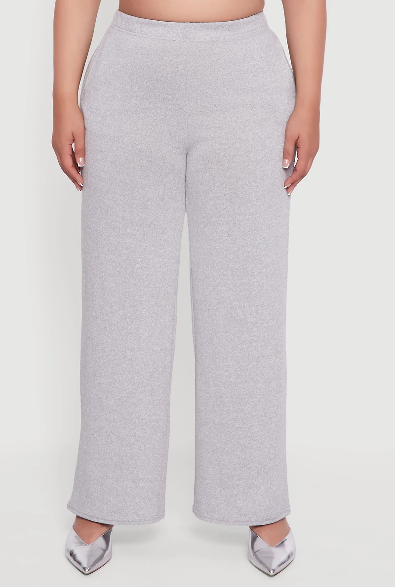 Womens Plus Size High Waisted Brushed Knit Wide Leg Pants, Grey, Size 3X