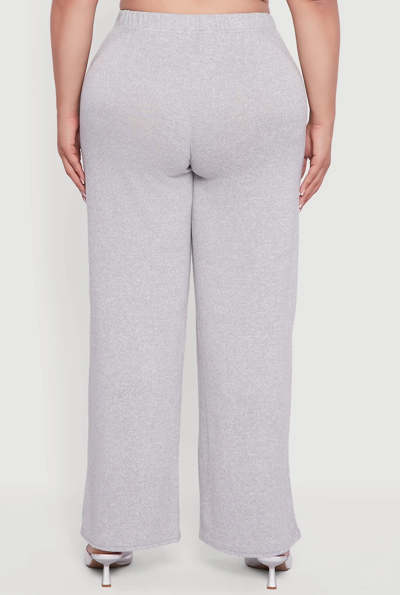 Womens Plus Size High Waisted Brushed Knit Wide Leg Pants, Grey, Size 3X
