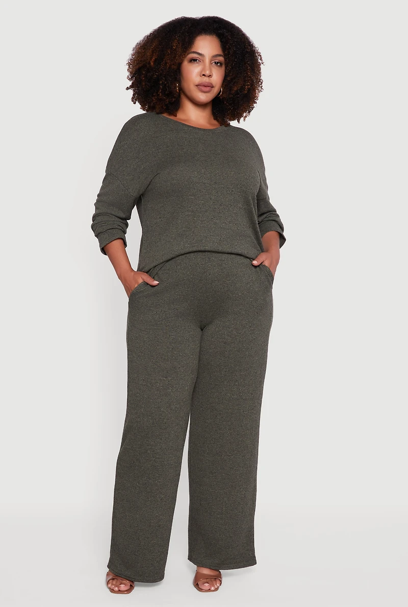 Womens Plus Size High Waisted Brushed Knit Wide Leg Pants, Green, Size 1X