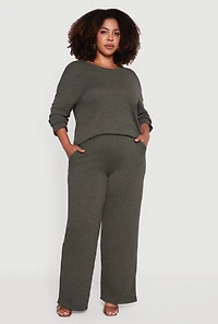 Womens Plus Size High Waisted Brushed Knit Wide Leg Pants, Green, Size 1X