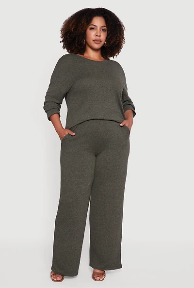 Womens Plus Size High Waisted Brushed Knit Wide Leg Pants, Green, Size 1X