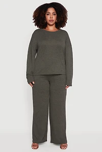 Womens Plus Size High Waisted Brushed Knit Wide Leg Pants, Green, Size 1X
