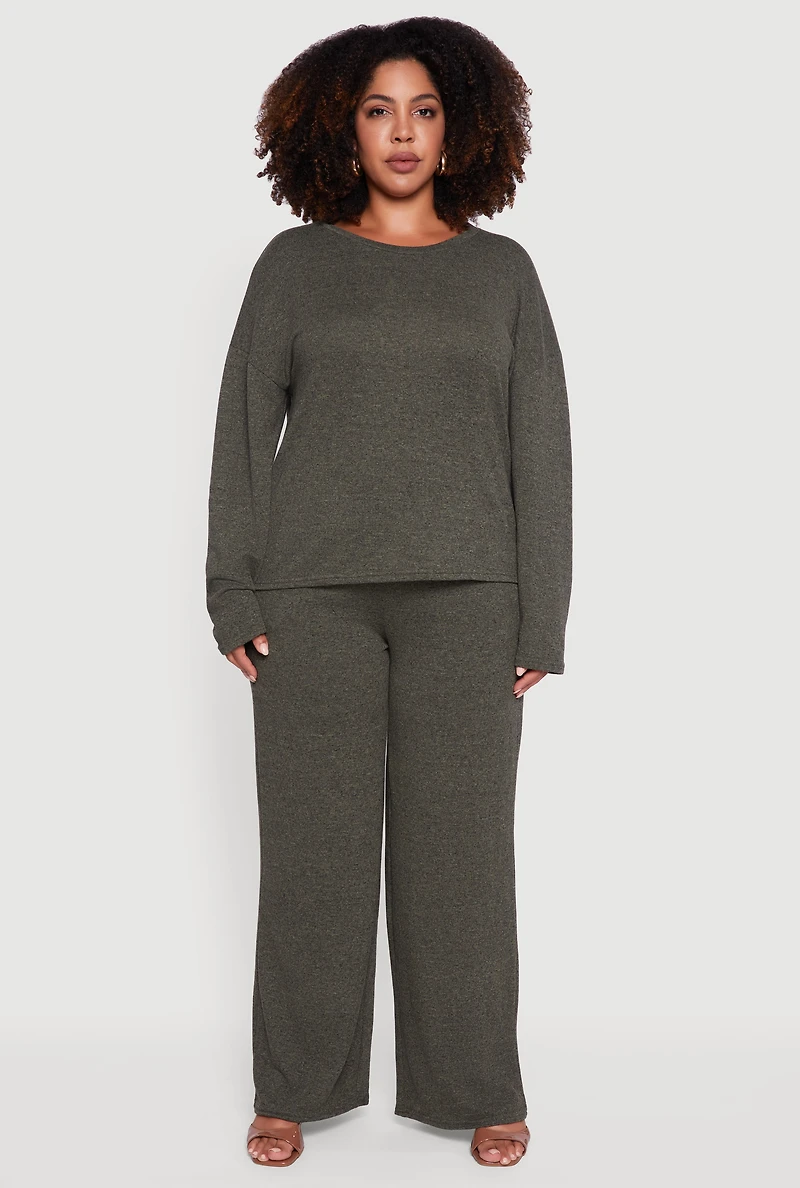 Womens Plus High Waisted Brushed Knit Wide Leg Pants,