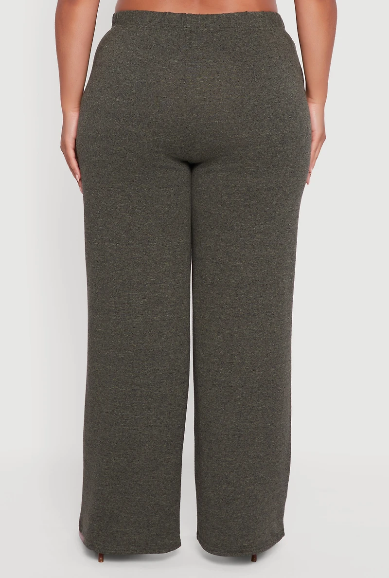 Womens Plus Size High Waisted Brushed Knit Wide Leg Pants, Green, Size 1X