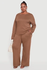 Womens Plus Size High Waisted Brushed Knit Wide Leg Pants, Brown, Size 1X