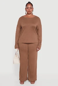 Womens Plus Size High Waisted Brushed Knit Wide Leg Pants, Brown, Size 1X