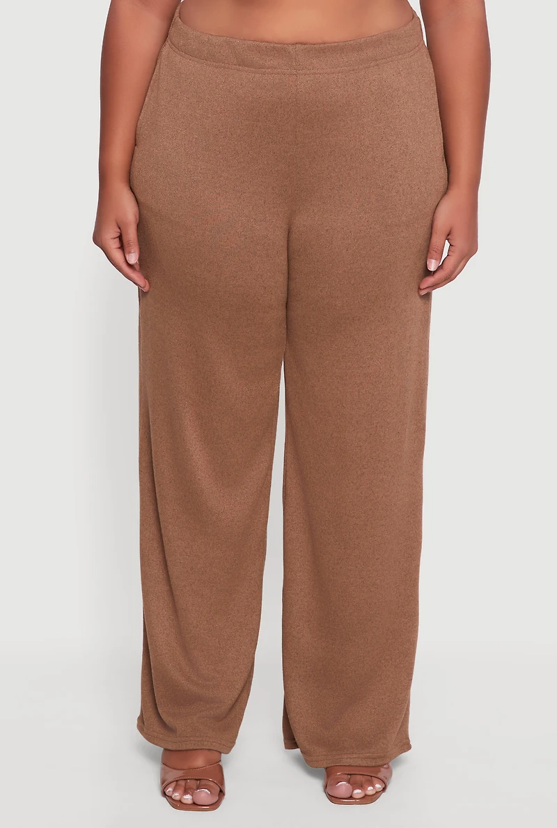 Womens Plus Size High Waisted Brushed Knit Wide Leg Pants, Brown, Size 1X