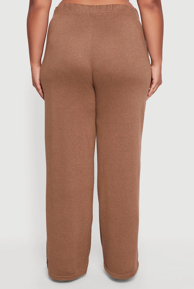 Womens Plus Size High Waisted Brushed Knit Wide Leg Pants, Brown, Size 1X