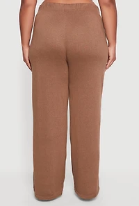 Womens Plus Size High Waisted Brushed Knit Wide Leg Pants, Brown, Size 1X