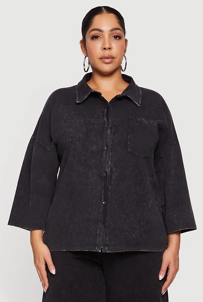 Womens Plus Size Oversized Acid Wash Button Front Shirt, Black, Size 3X