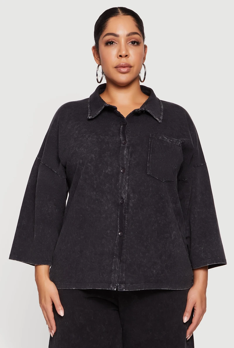 Plus Oversized Acid Wash Button Front Shirt