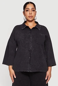 Plus Oversized Acid Wash Button Front Shirt
