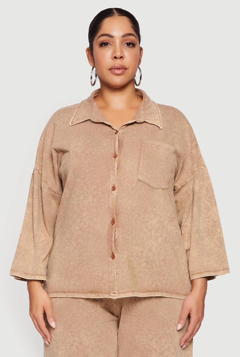 Plus Oversized Acid Wash Button Front Shirt