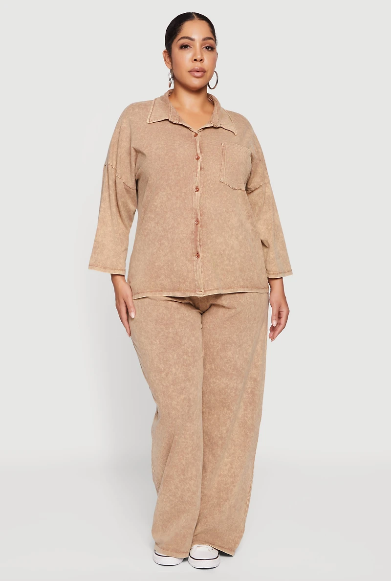 Plus Oversized Acid Wash Button Front Shirt