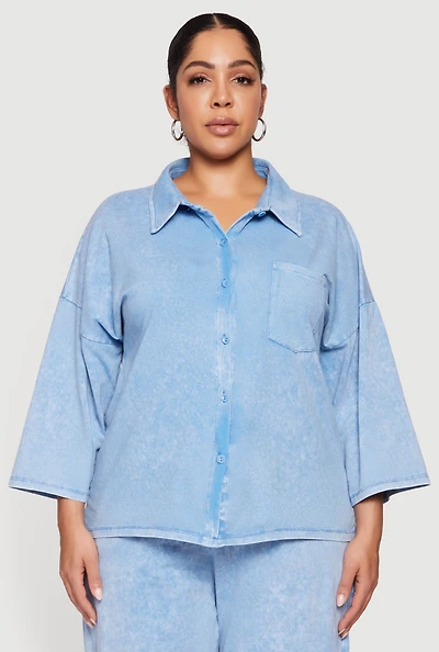 Womens Plus Size Oversized Acid Wash Button Front Shirt, Blue, Size 1X