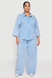Womens Plus Size Oversized Acid Wash Button Front Shirt, Blue, Size 1X