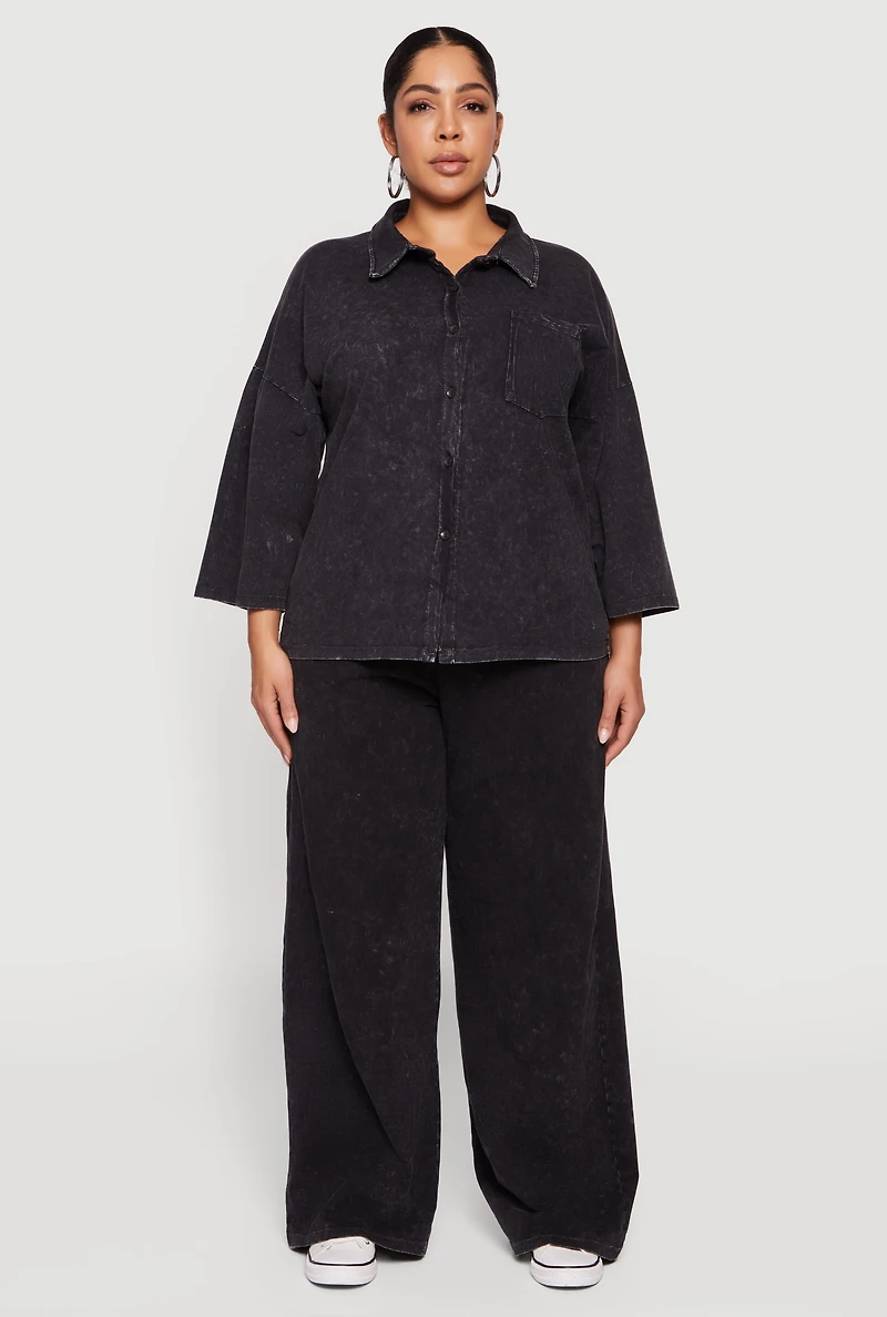 Womens Plus Size High Waisted Acid Wash Wide Leg Pants, Black, Size 1X