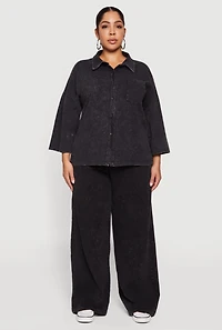 Womens Plus Size High Waisted Acid Wash Wide Leg Pants, Black, Size 1X