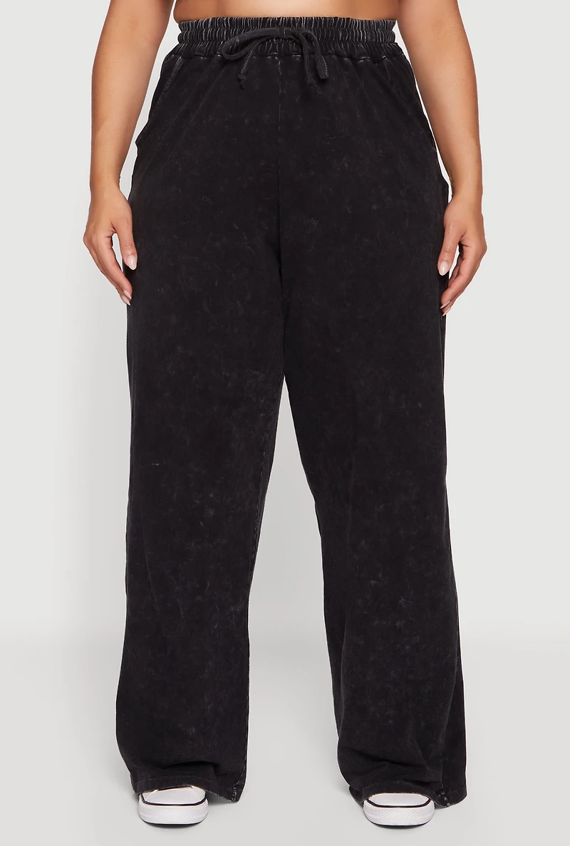 Womens Plus Size High Waisted Acid Wash Wide Leg Pants, Black, Size 1X