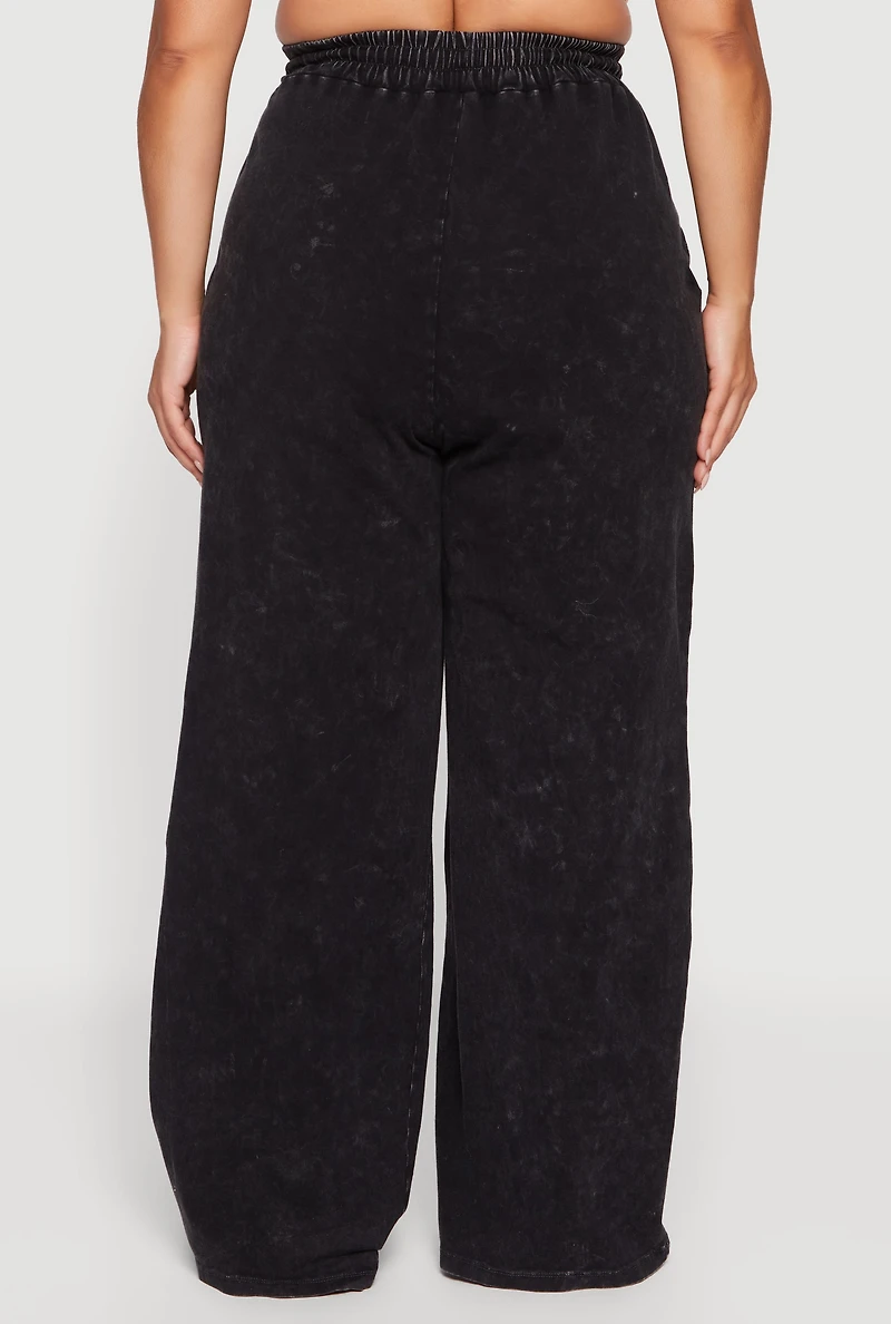 Womens Plus Size High Waisted Acid Wash Wide Leg Pants, Black, Size 1X