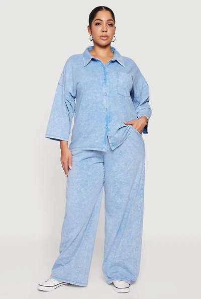 Plus High Waisted Acid Wash Wide Leg Pants