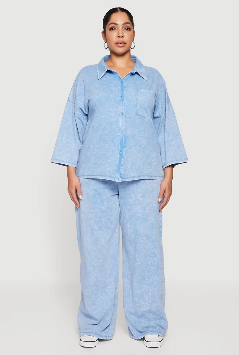 Plus High Waisted Acid Wash Wide Leg Pants