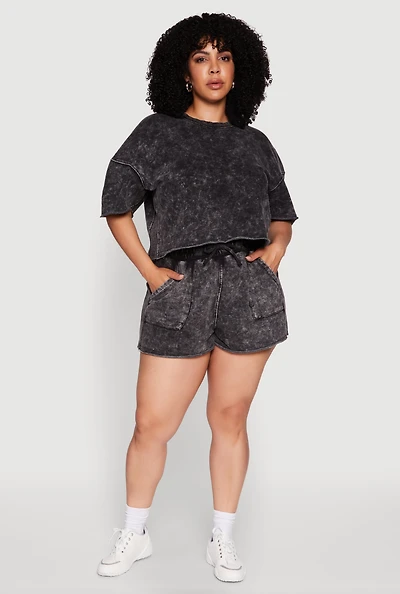 Womens Plus Size High Waisted Acid Wash Sweatshorts, Black, Size 1X