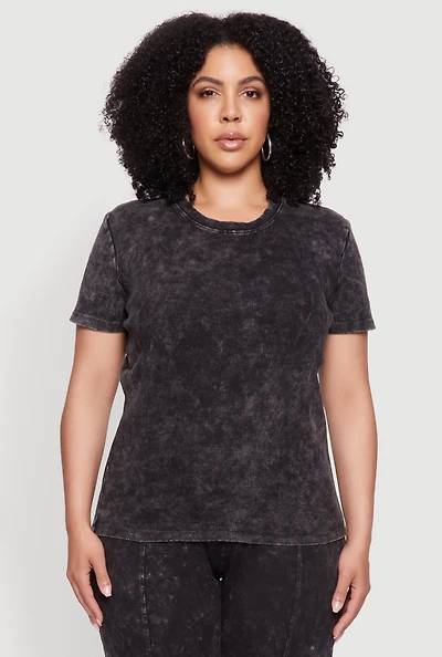 Womens Plus Rib Knit Acid Wash Crew Neck Tee, 3X