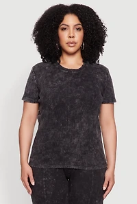 Womens Plus Rib Knit Acid Wash Crew Neck Tee, 3X