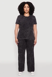 Womens Plus Rib Knit Acid Wash Crew Neck Tee,
