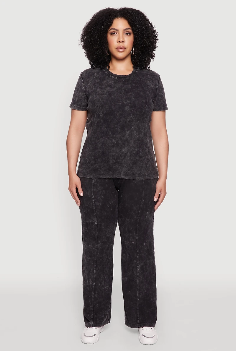 Womens Plus Rib Knit Acid Wash Crew Neck Tee, 3X