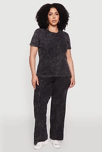 Womens Plus Rib Knit Acid Wash Crew Neck Tee,