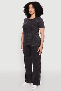 Womens Plus Rib Knit Acid Wash Crew Neck Tee,