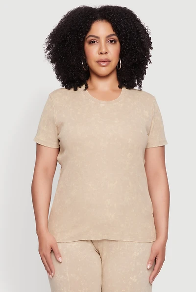 Womens Plus Rib Knit Acid Wash Crew Neck Tee,