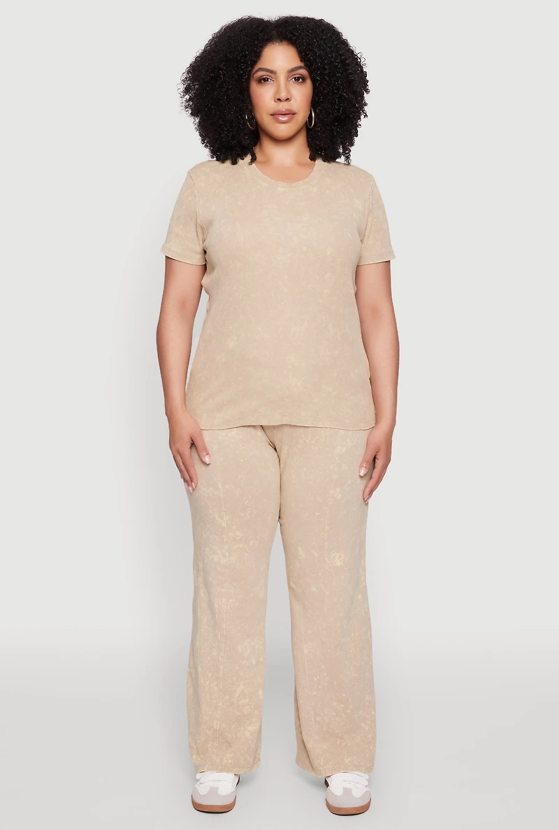Womens Plus Size Rib Knit Acid Wash Crew Neck Tee, Beige, Size 2X