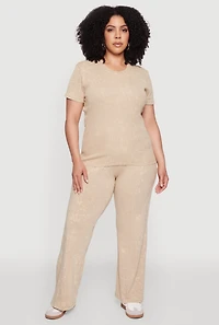 Womens Plus Size Rib Knit Acid Wash Crew Neck Tee, Beige, Size 2X