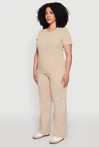 Womens Plus Size Rib Knit Acid Wash Crew Neck Tee, Beige, Size 2X