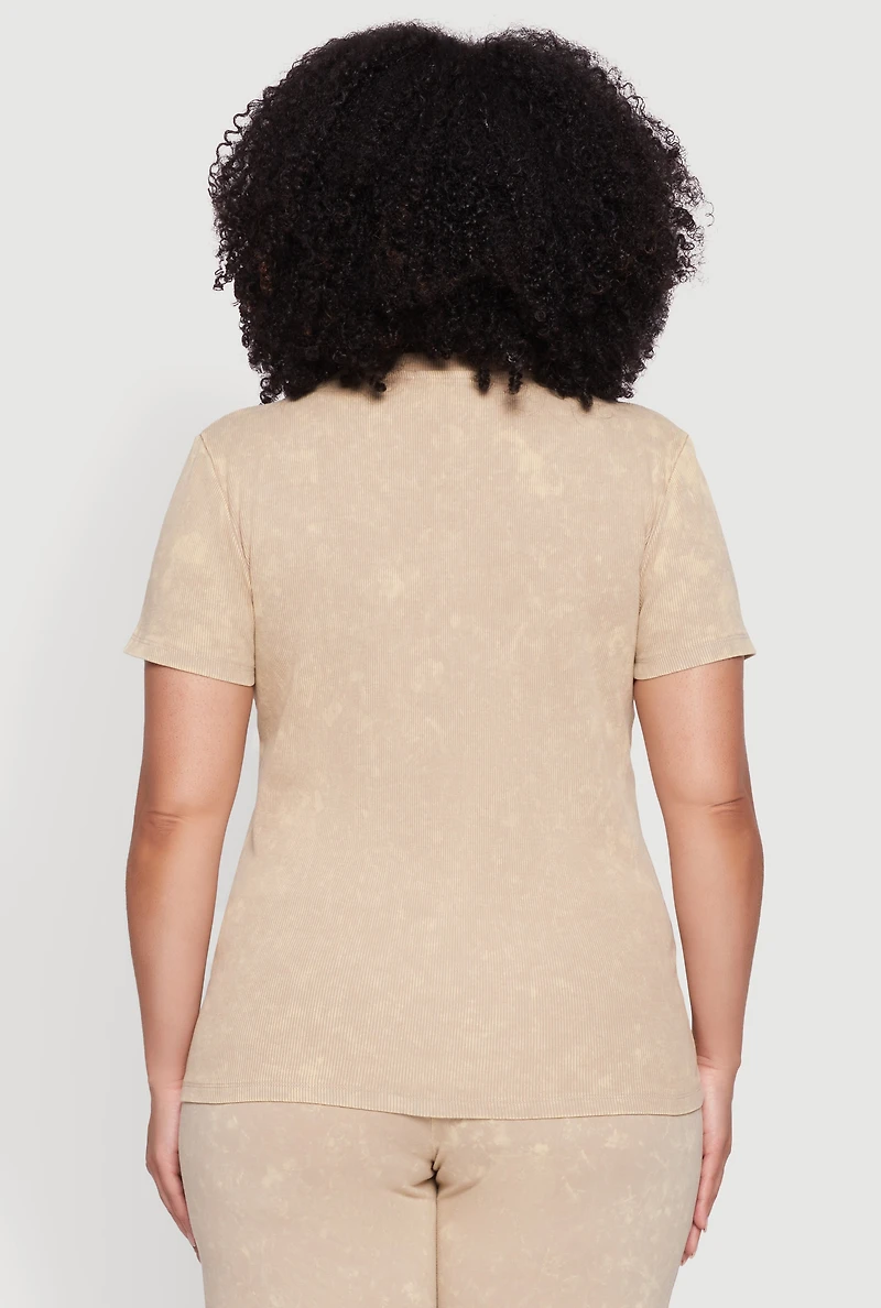 Womens Plus Size Rib Knit Acid Wash Crew Neck Tee, Beige, Size 2X