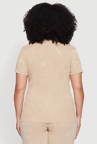 Womens Plus Size Rib Knit Acid Wash Crew Neck Tee, Beige, Size 2X