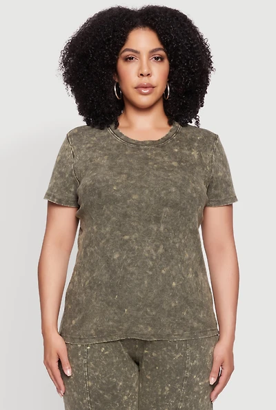 Womens Plus Size Rib Knit Acid Wash Crew Neck Tee, Green, Size 3X