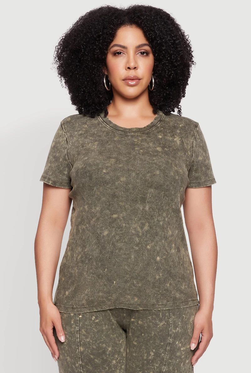 Womens Plus Size Rib Knit Acid Wash Crew Neck Tee, Green, Size 1X