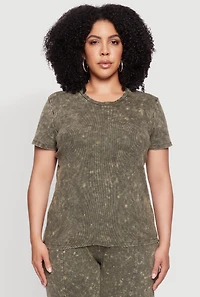 Womens Plus Size Rib Knit Acid Wash Crew Neck Tee, Green, Size 1X