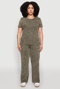 Womens Plus Size Rib Knit Acid Wash Crew Neck Tee, Green, Size 1X